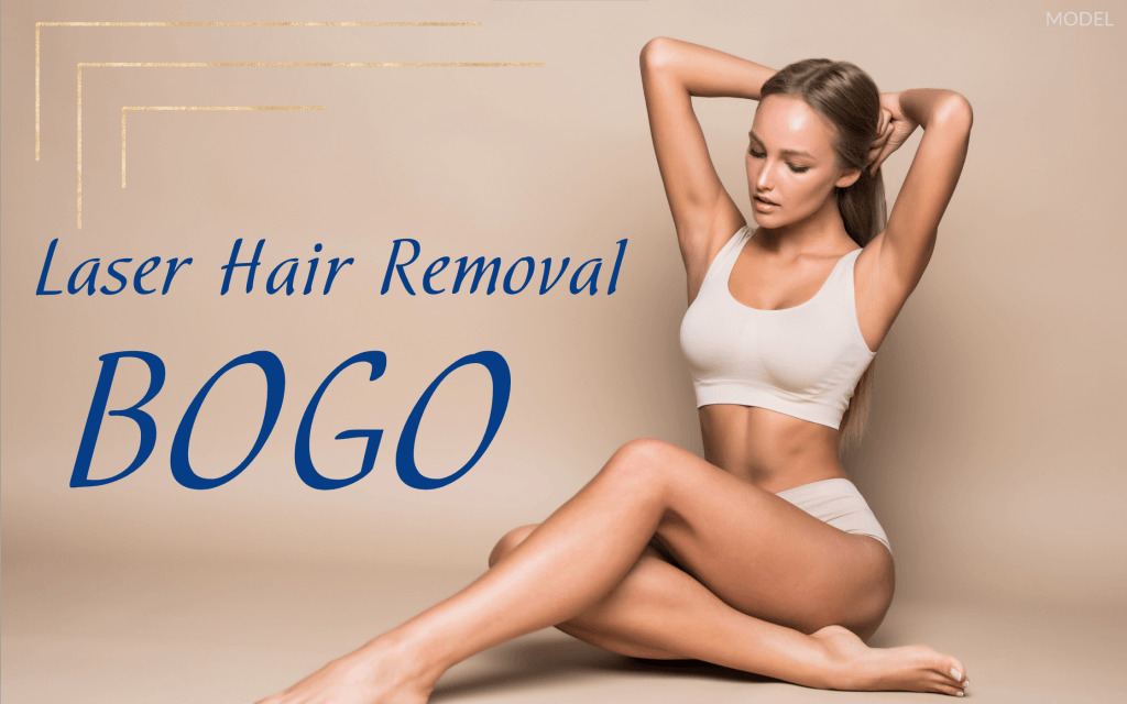 "Laser hair removal BOGO" (mole with smooth skin wearing a bra and underwear)
