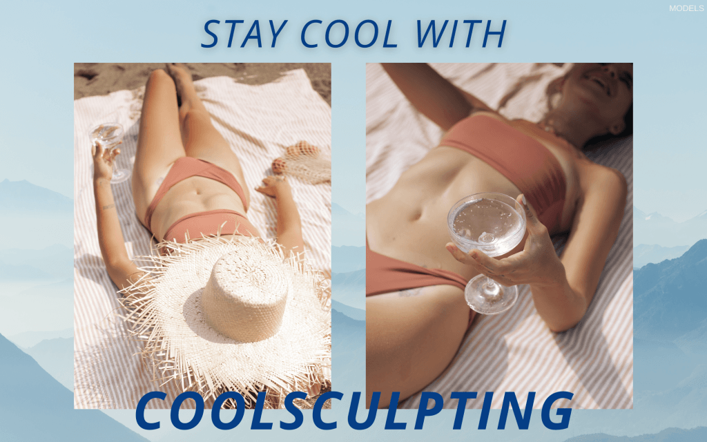 A woman in a bikini laying on a towel (model), text that reads, Stay cool with CoolSculpting"