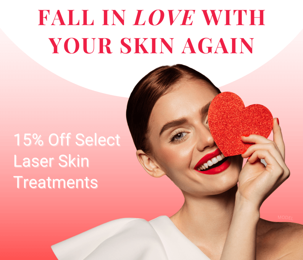 Fall in love with your skin again by getting 15% off select laser skin treatments like this woman holding a heart over her eye (model)