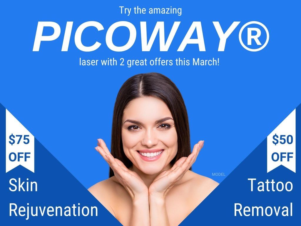 Try the amazing PicoWay® Laser and receive $50 off treatments of tattoo removal, as well as $75 off skin rejuvenation. A Woman (model) holds her own hands up to her chin and smiles in the background.