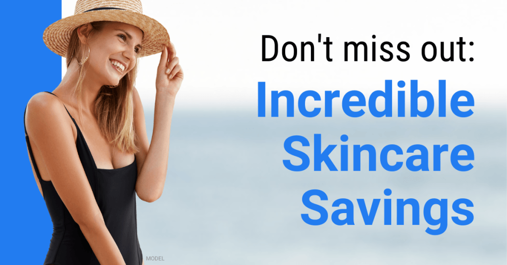 Woman with beautiful glowing skin wearing a sun hat (model) outside in the sun with promo text reading: Don't Miss Out: Incredible Skincare Savings