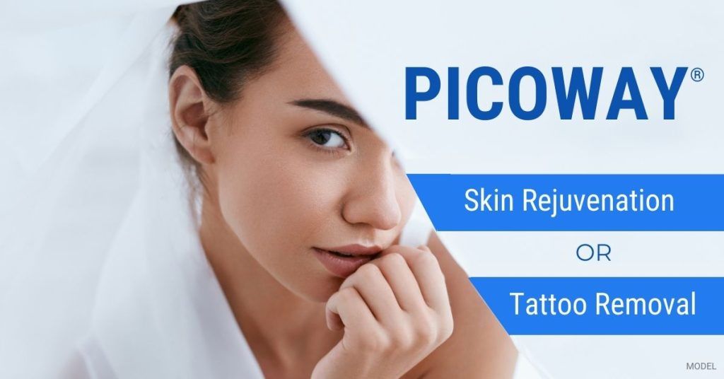Woman with smooth and radiant looking skin (model) has a blanket covering part of her face with promo text reading: 'PICOWAY® This month, experience the restorative power and enjoy huge savings on 2 popular treatment methods! Skin Rejuvenation OR Tattoo Removal'