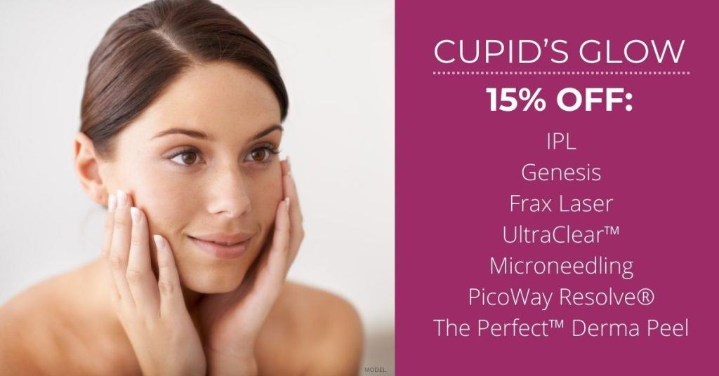 Cupid's Glow - 15 percent off Microneedling, IPL, Frax, Resolve, Genesis, UltraClear and The Perfect Derma peel. Woman (model) smiling and looking at the camera.