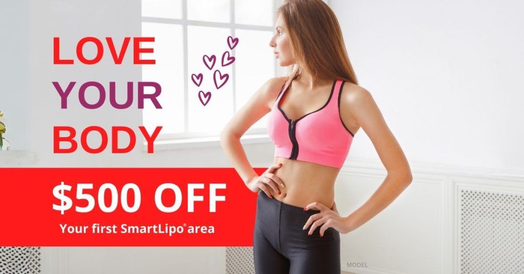 Woman wearing workout clothes (model) next to promo text: Love Your Body - $500 off your first SmartLipo session.