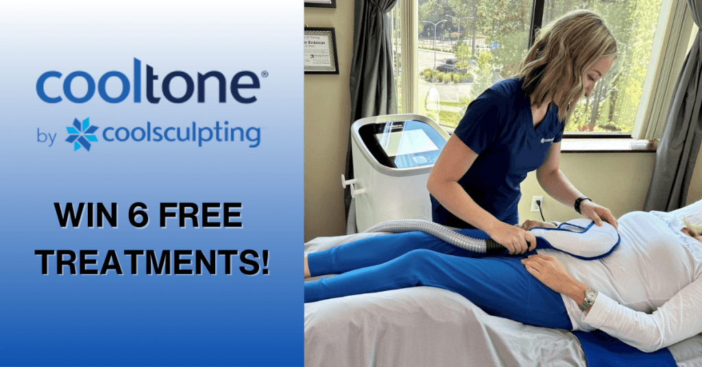 April Specials. CoolTone by CoolSculpting. Win 6 Free Treatments! (Image of Sage, a Coolsculpting Specialist at Advanced Aesthetics, applying the CoolTone treatment to a real patient)