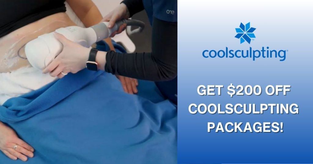 April Specials. Get $200 Off CoolSculpting Packages! (Real patient receiving CoolSculpting treatment)