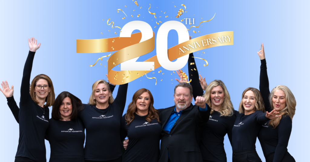 Dr. Johnson and team members from Advanced Aesthetics are raising their arms in celebration in front of a blue background with gold ribbons and the text that reads 20th Anniversary.