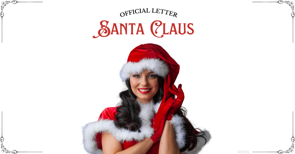 "Official Letter Santa Clause" with a female model in Santa attire.